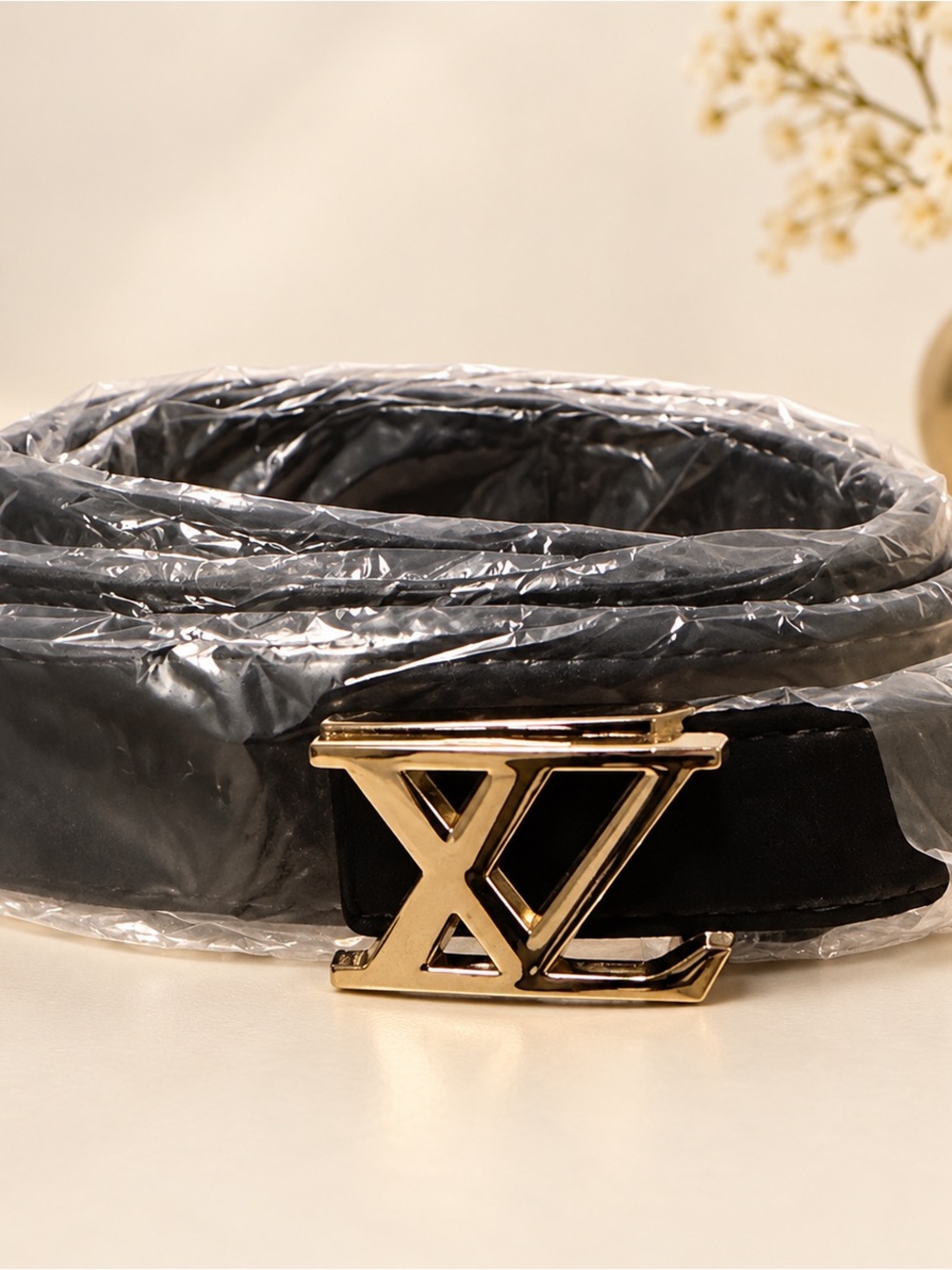 Black Leather Belt with Gold Buckle